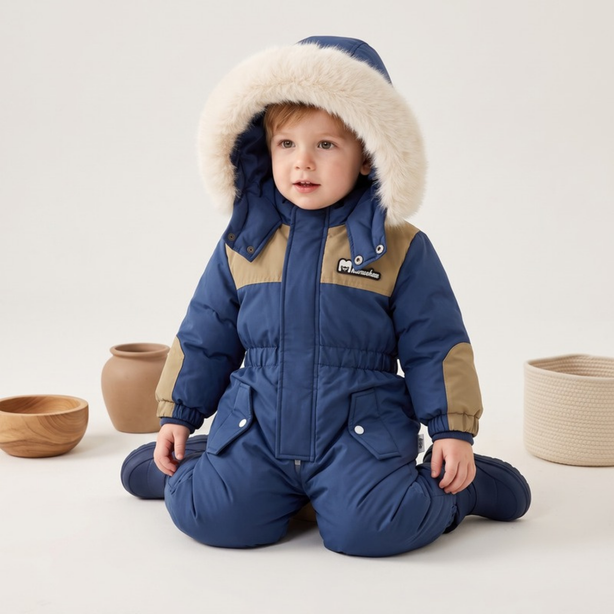 Lilo Padded Snowsuit Ski Jumpsuit - Navy and Tan