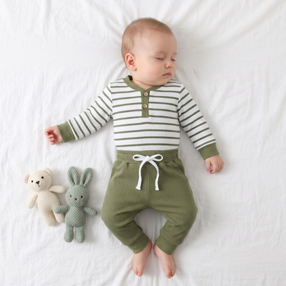 Lilo Ribbed Striped Romper and Pants Set - Olive Green