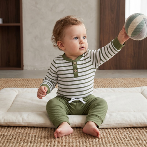 Lilo Ribbed Striped Romper and Pants Set - Olive Green