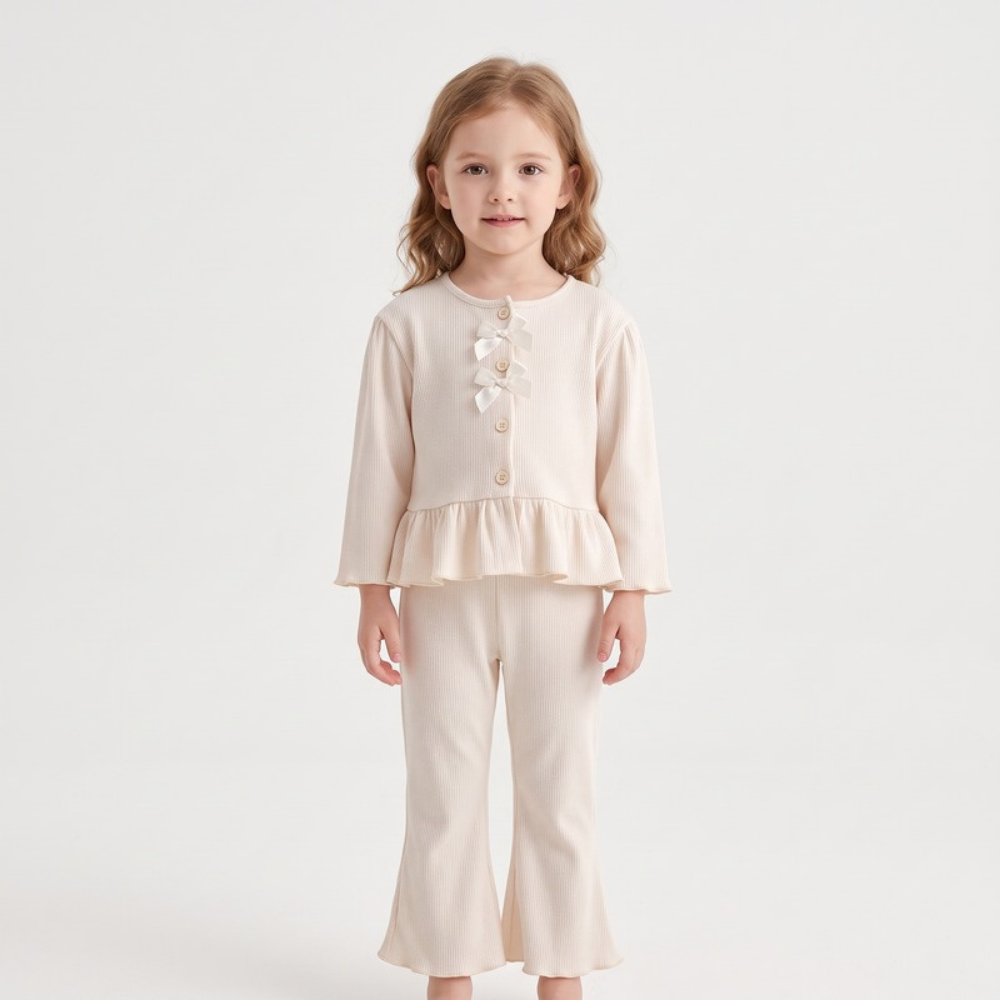 Lilo Bow Cardigan and Long Sleeve Top Set - Cream