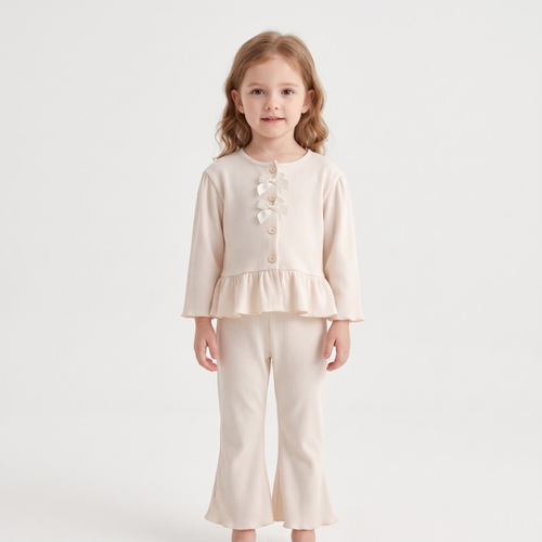 Lilo Bow Cardigan and Long Sleeve Top Set - Cream