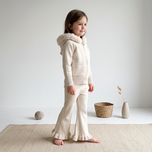 Lilo Fur Collar Hooded Knit Cardigan Set - Ivory