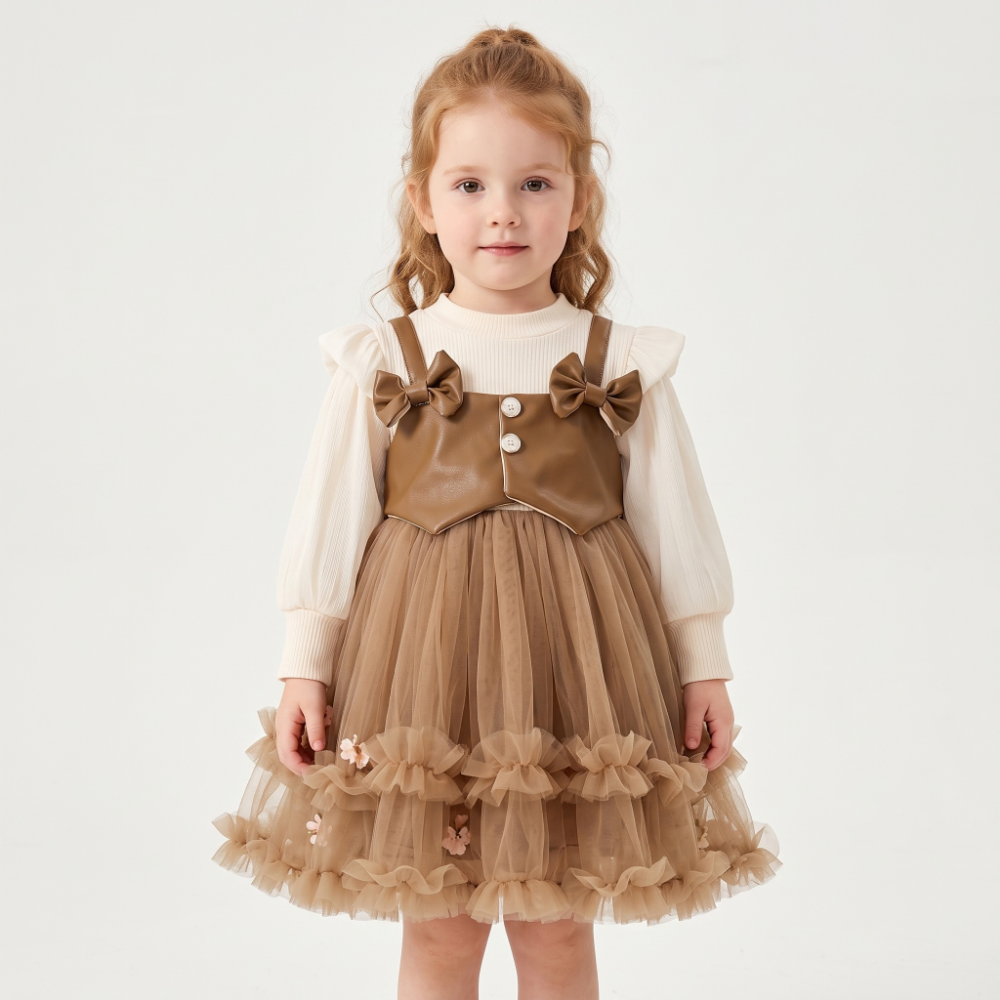 Lilo Faux Leather Tulle Dress - Brown