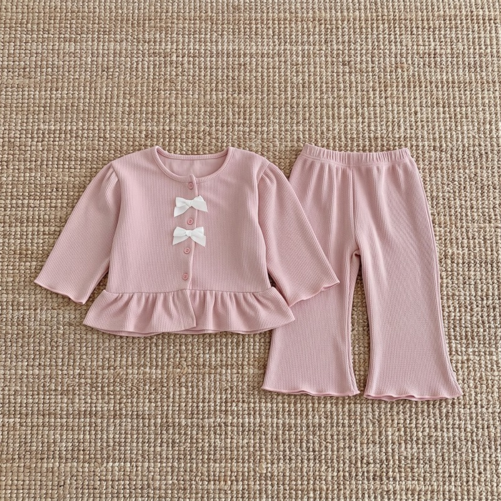 Lilo Bow Cardigan and Long Sleeve Top Set - Coral Pink