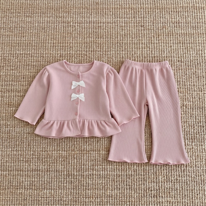 Lilo Bow Cardigan and Long Sleeve Top Set - Coral Pink