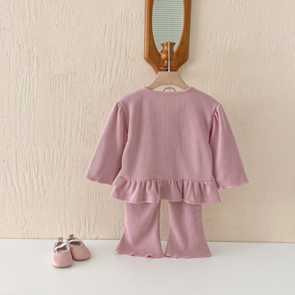 Lilo Bow Cardigan and Long Sleeve Top Set - Coral Pink