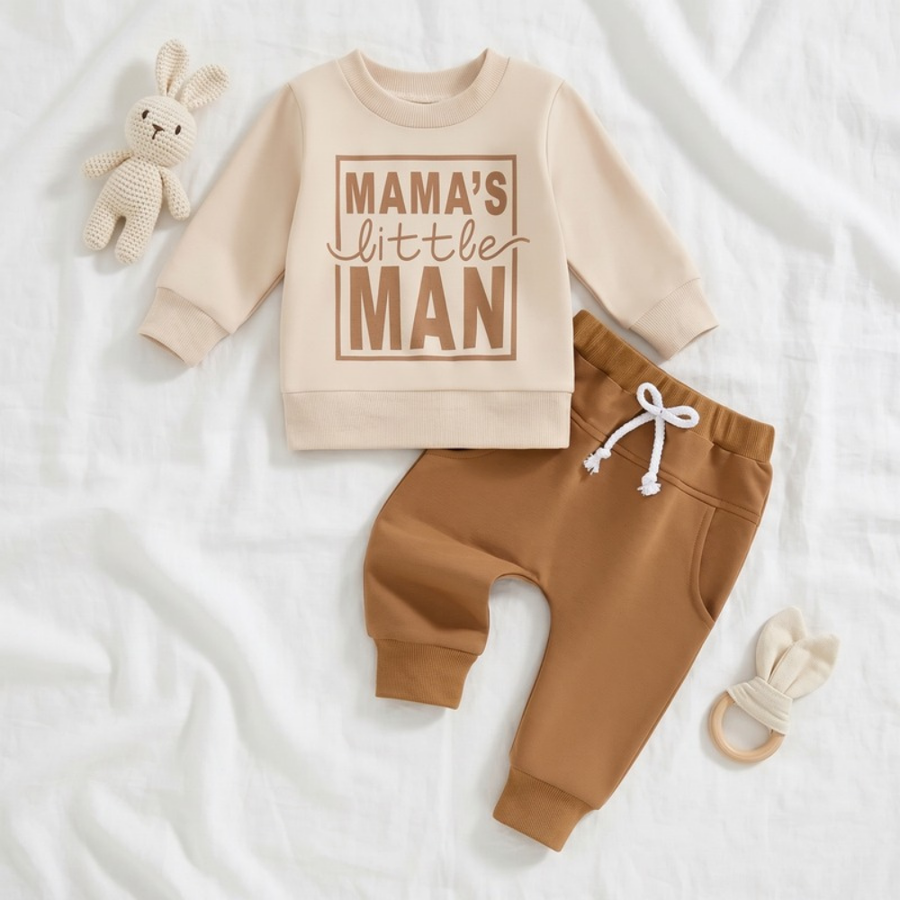 Lilo Letter Print Sweatshirt Set - Oatmeal Mama's Little Man