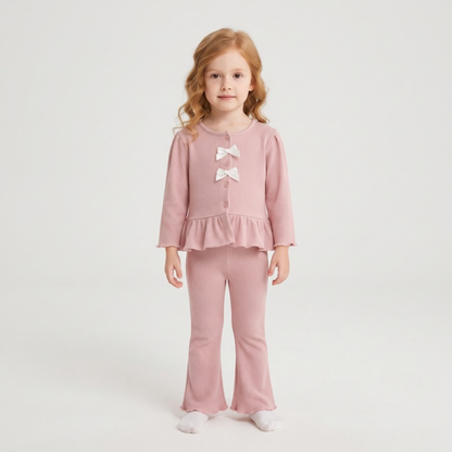 Lilo Bow Cardigan and Long Sleeve Top Set - Coral Pink