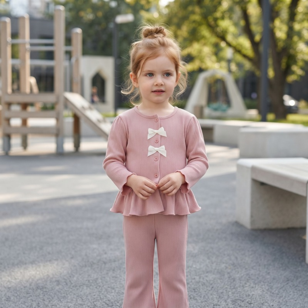 Lilo Bow Cardigan and Long Sleeve Top Set - Coral Pink