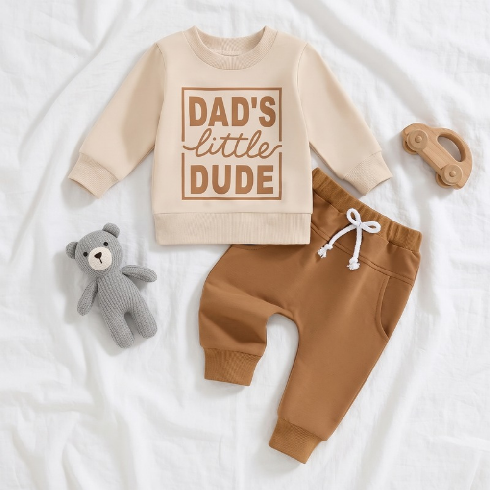 Lilo Letter Print Sweatshirt Set - Oatmeal Dad's Little Dude