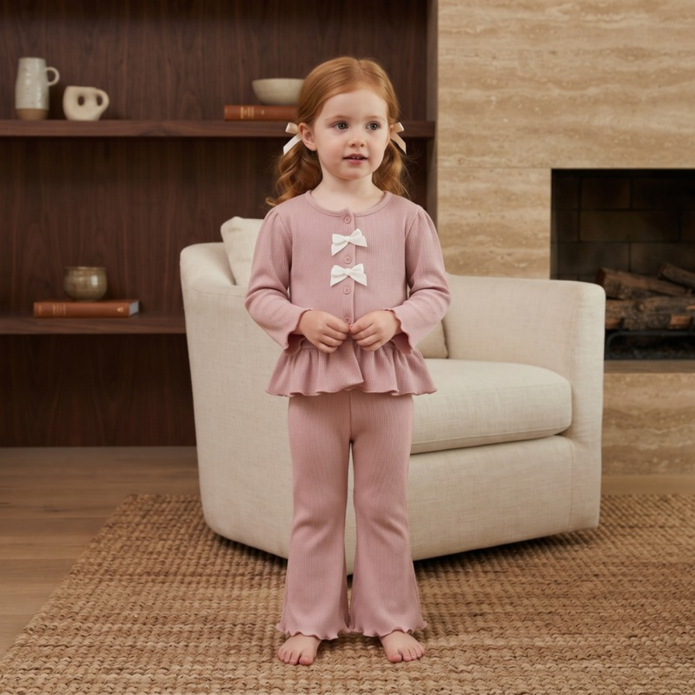 Lilo Bow Cardigan and Long Sleeve Top Set - Coral Pink