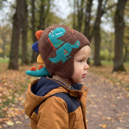 Lilo Dinosaur Knit Ear Flap Hat - Coffee Brown