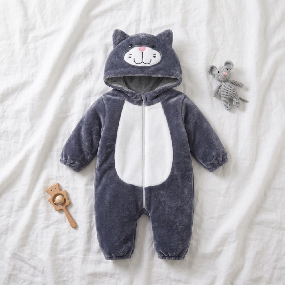 Lilo Cat Flannel Romper - Charcoal Grey
