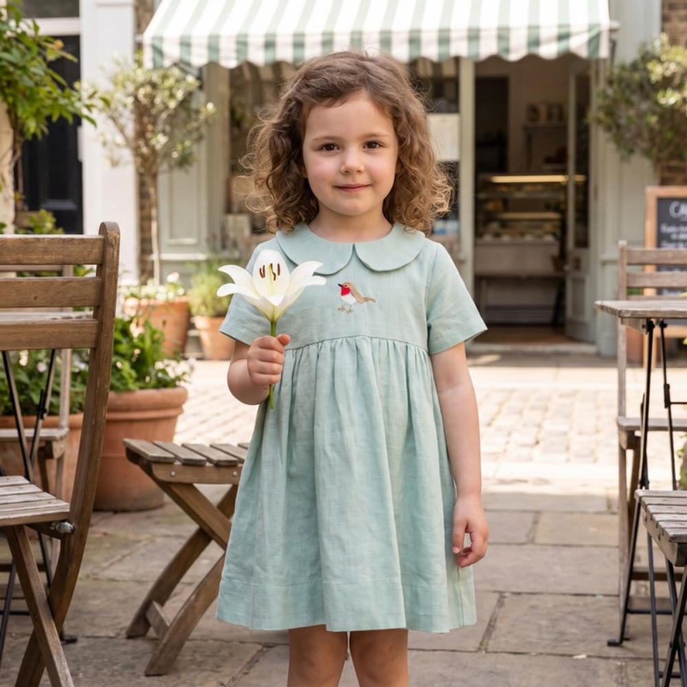 Lilo Meadow Girls Embroidered Dress - Sage Robin