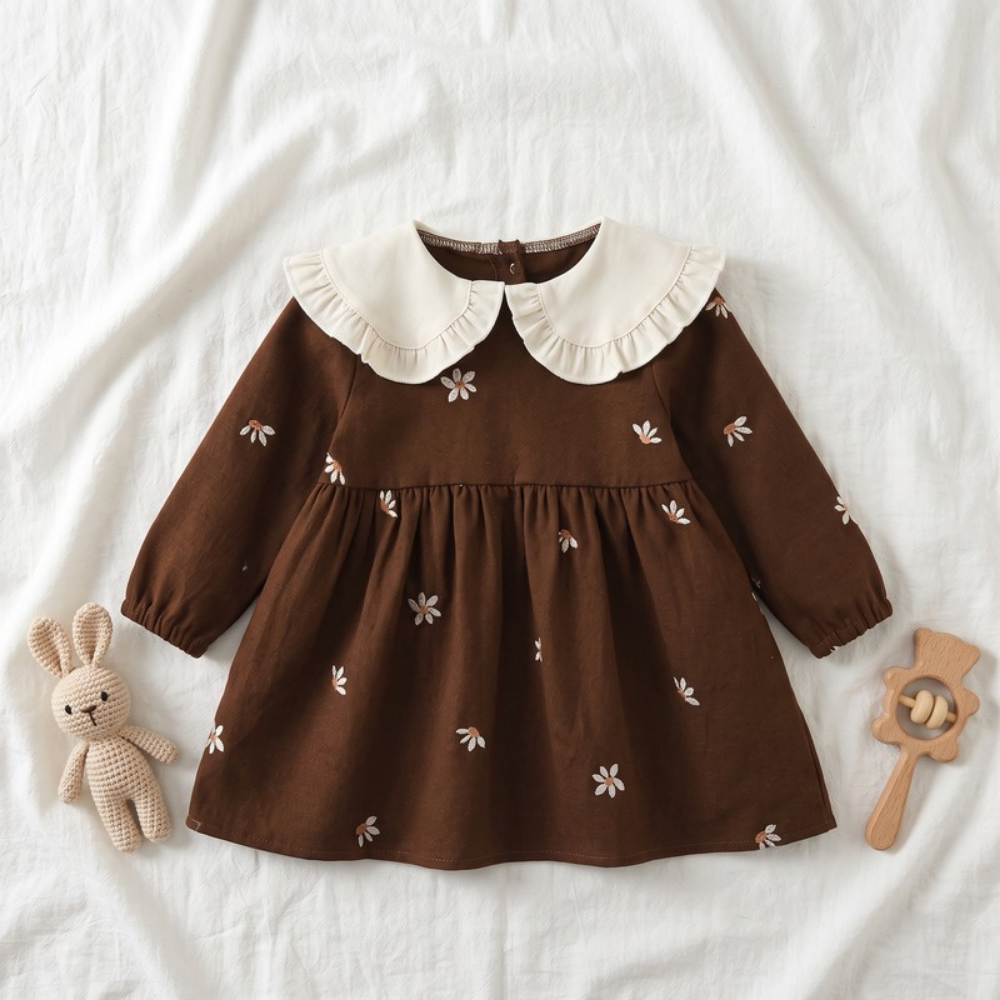 Lilo Embroidered Collar Princess Dress - Brown Daisy