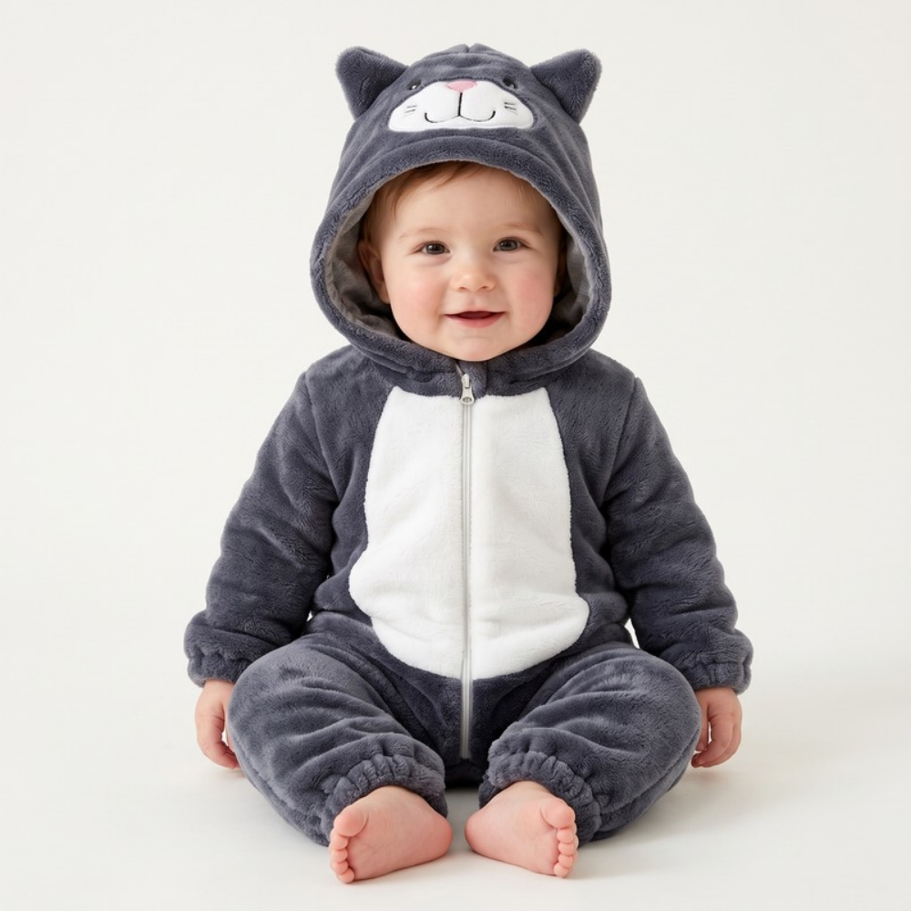 Lilo Cat Flannel Romper - Charcoal Grey