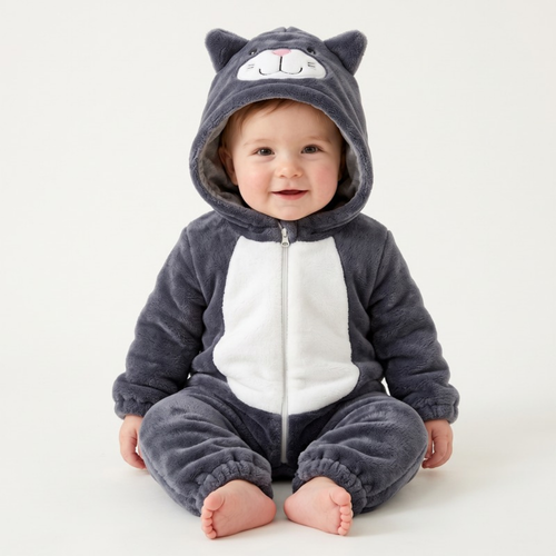 Lilo Cat Flannel Romper - Charcoal Grey