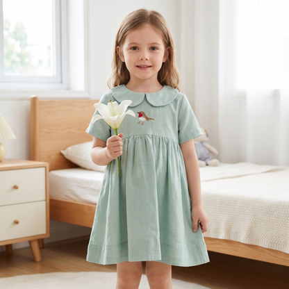 Lilo Meadow Girls Embroidered Dress - Sage Robin