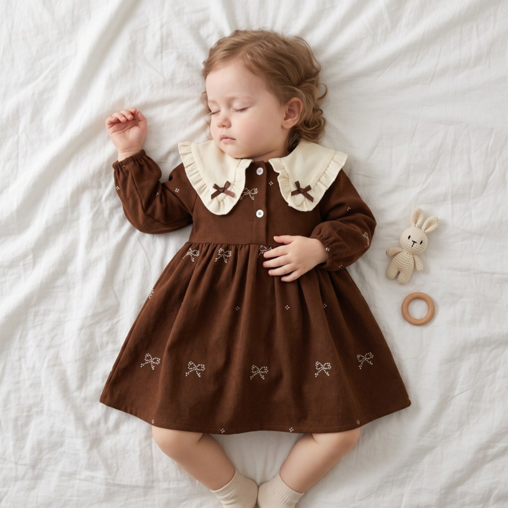 Lilo Embroidered Collar Princess Dress - Brown Bow