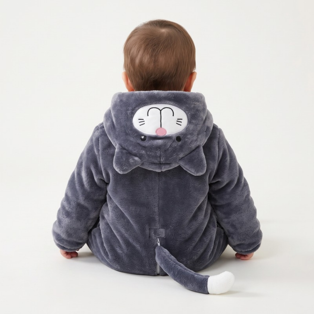 Lilo Cat Flannel Romper - Charcoal Grey