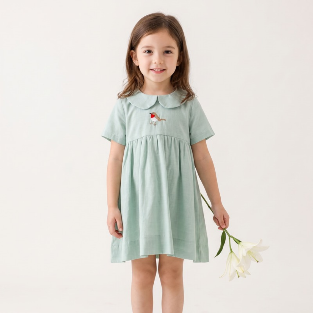 Lilo Meadow Girls Embroidered Dress - Sage Robin