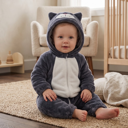 Lilo Cat Flannel Romper - Charcoal Grey