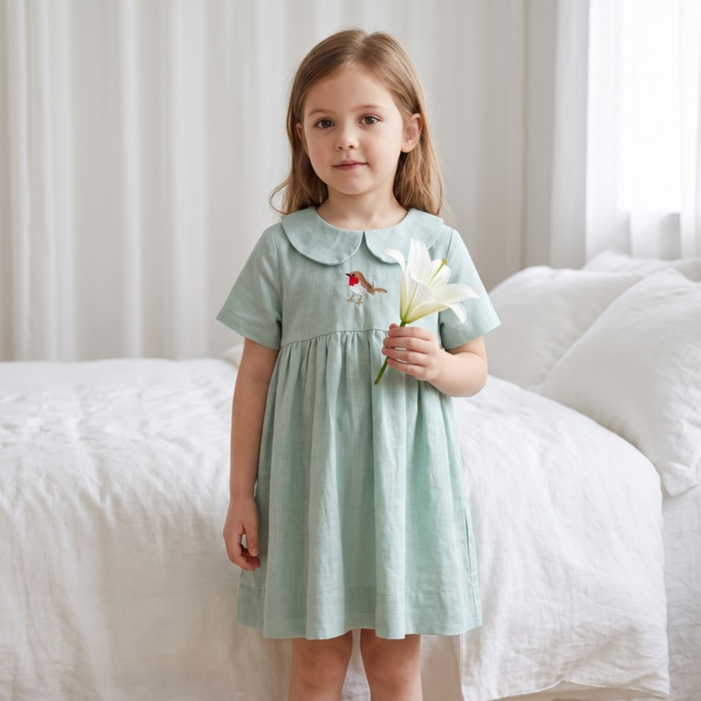 Lilo Meadow Girls Embroidered Dress - Sage Robin