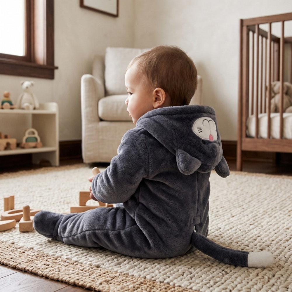 Lilo Cat Flannel Romper - Charcoal Grey