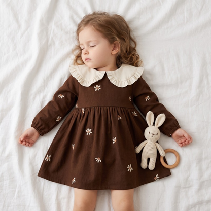 Lilo Embroidered Collar Princess Dress - Brown Daisy