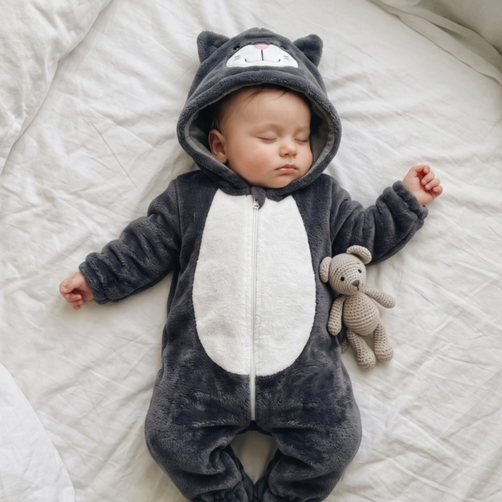 Lilo Cat Flannel Romper - Charcoal Grey