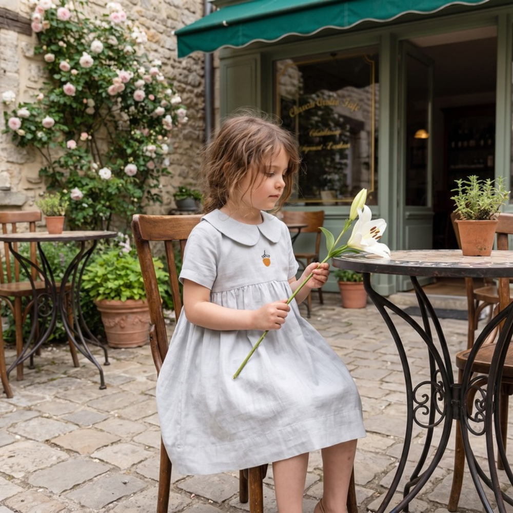 Lilo Meadow Girls Embroidered Dress - Grey Acorn