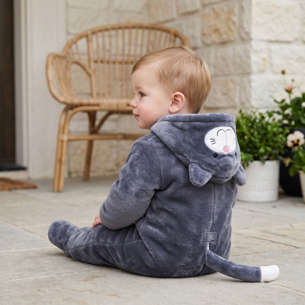 Lilo Cat Flannel Romper - Charcoal Grey