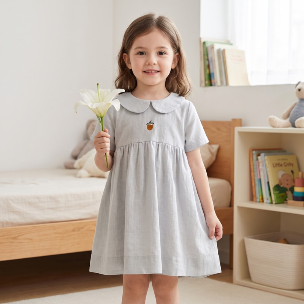 Lilo Meadow Girls Embroidered Dress - Grey Acorn