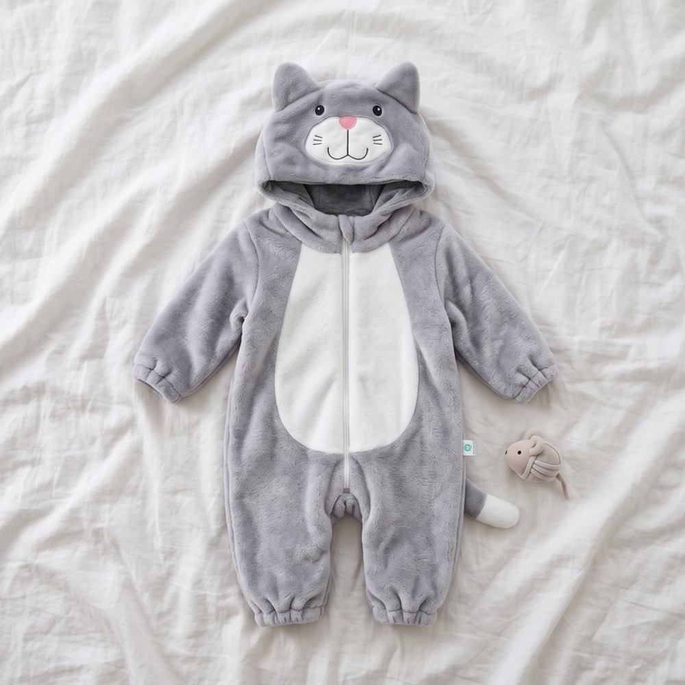 Lilo Cat Flannel Romper - Light Grey