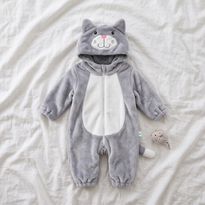 Lilo Cat Flannel Romper - Light Grey