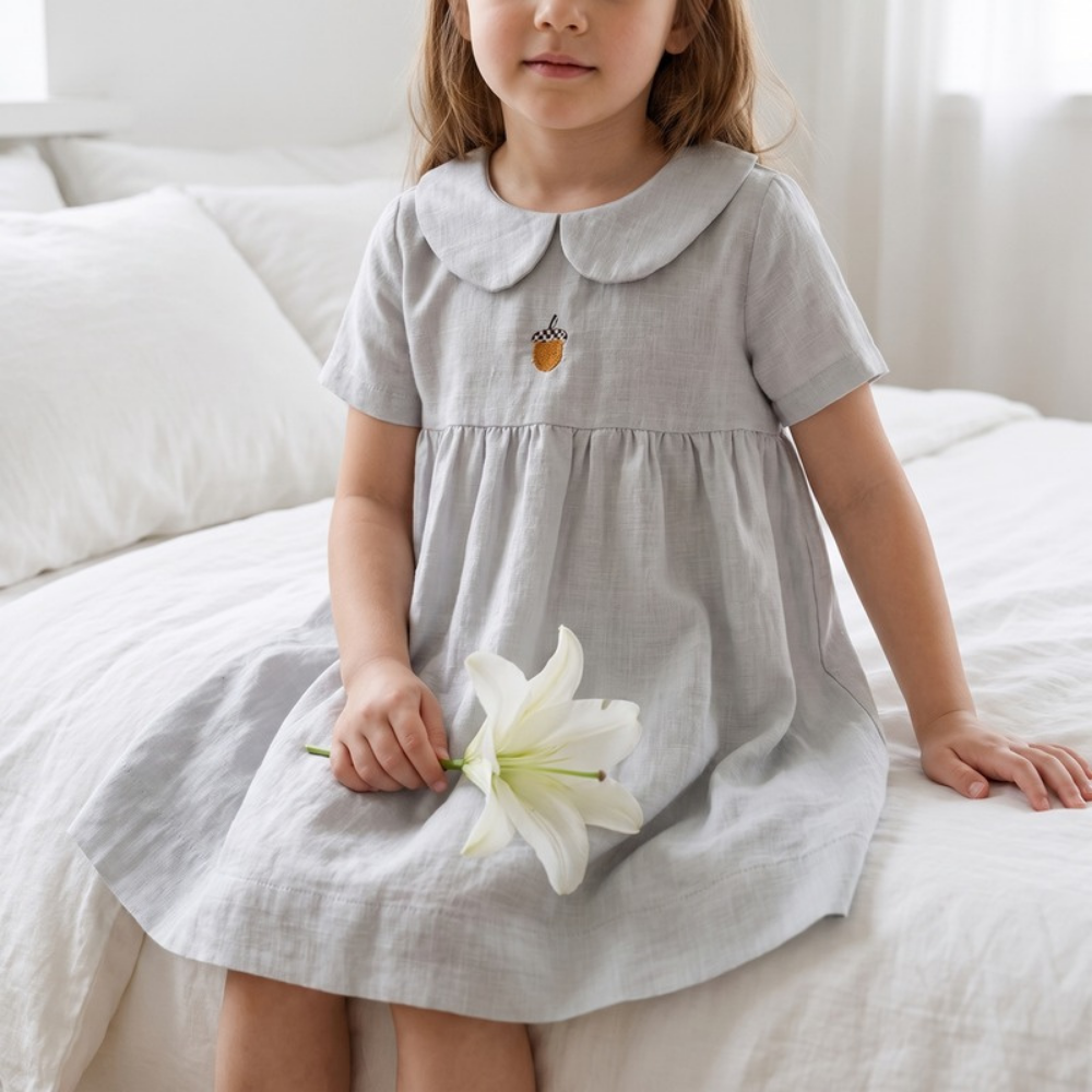 Lilo Meadow Girls Embroidered Dress - Grey Acorn