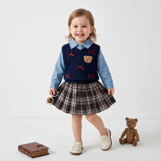 Lilo Preppy Shirt Vest and Plaid Skirt Set - Navy