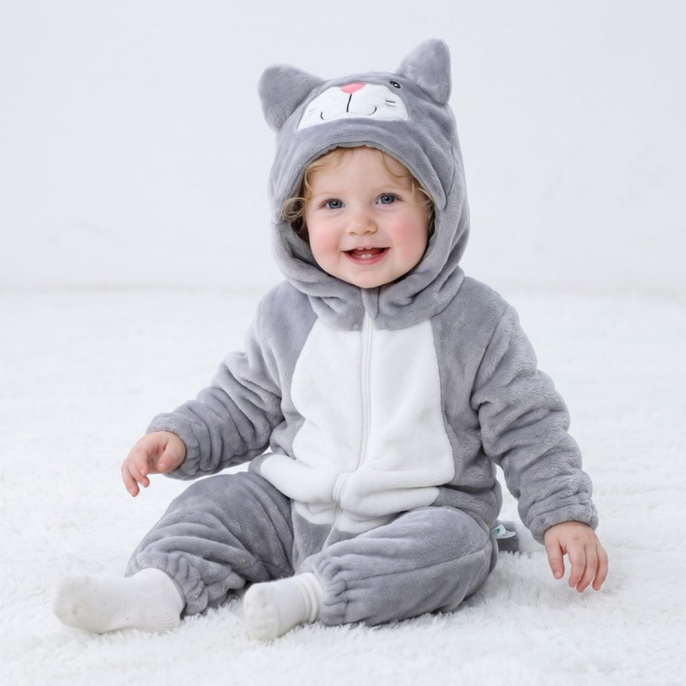 Lilo Cat Flannel Romper - Light Grey