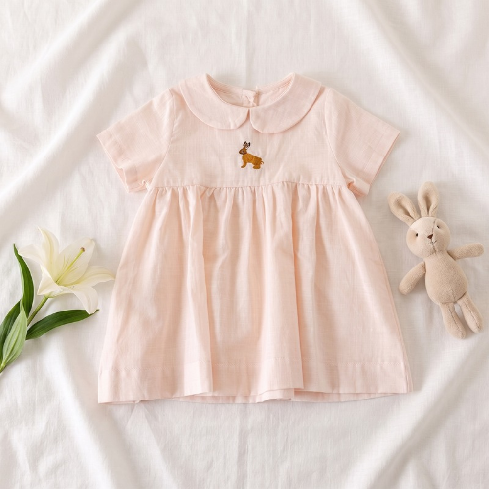 Lilo Meadow Girls Embroidered Dress - Pink Bunny