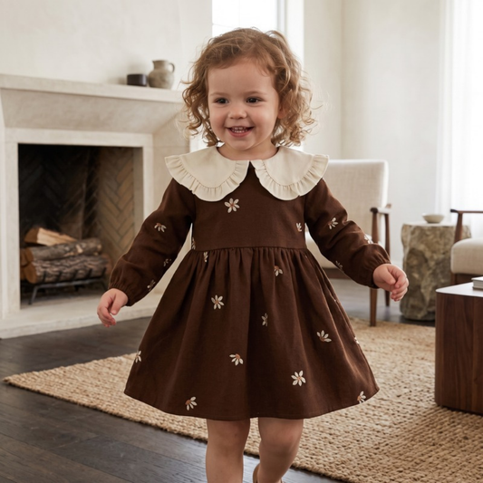 Lilo Embroidered Collar Princess Dress - Brown Daisy