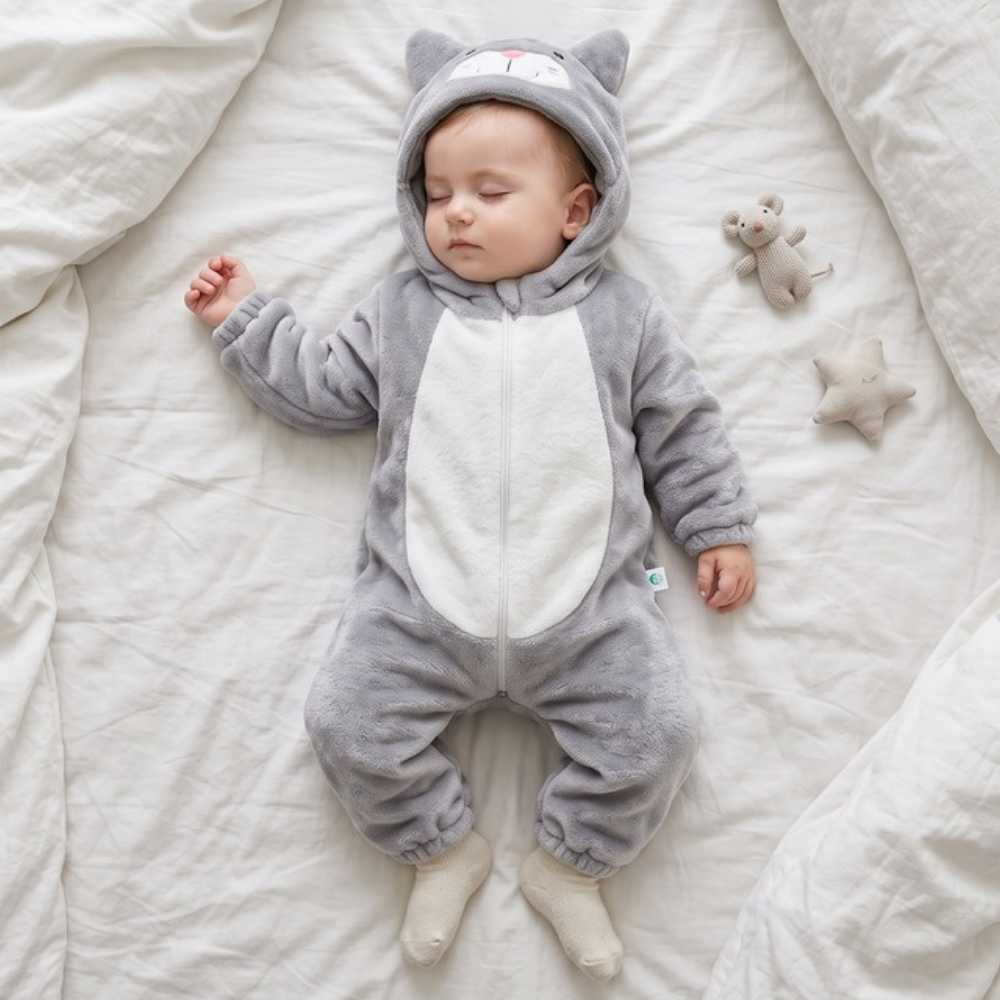 Lilo Cat Flannel Romper - Light Grey