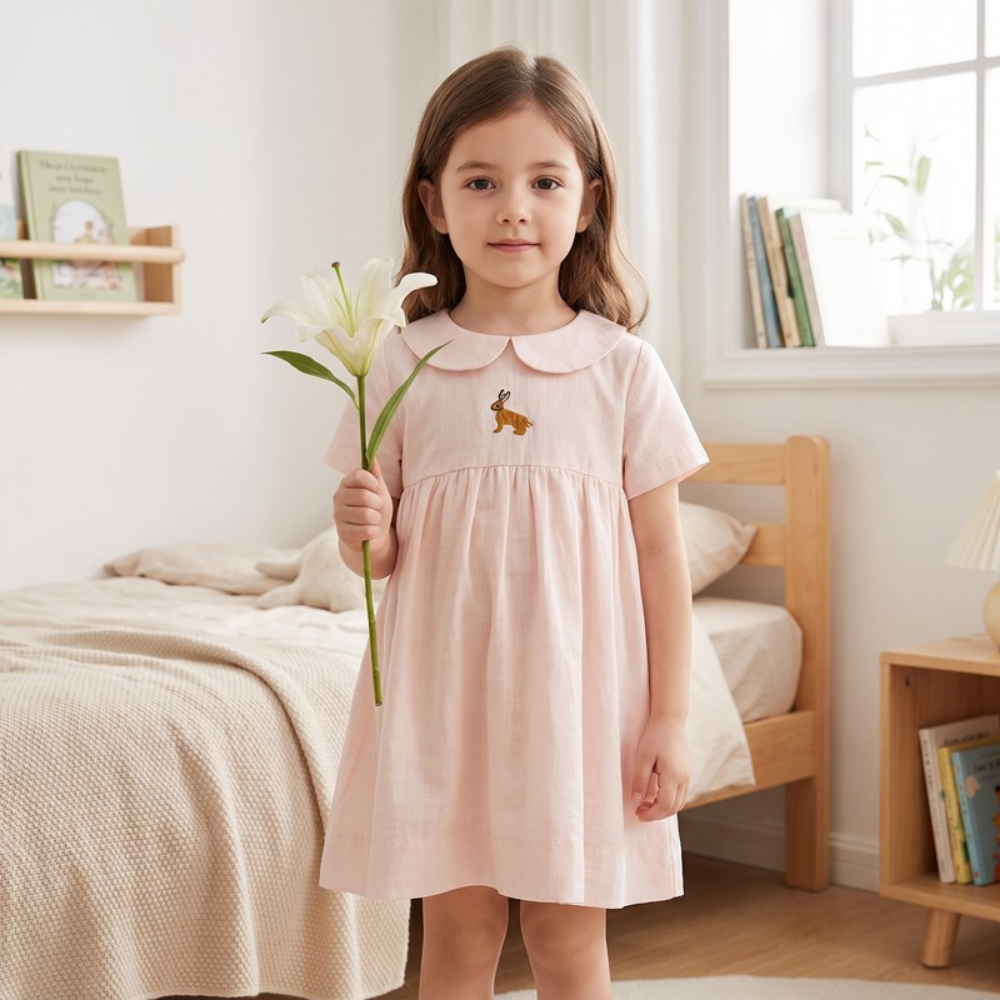 Lilo Meadow Girls Embroidered Dress - Pink Bunny