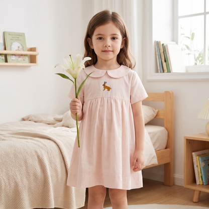 Lilo Meadow Girls Embroidered Dress - Pink Bunny