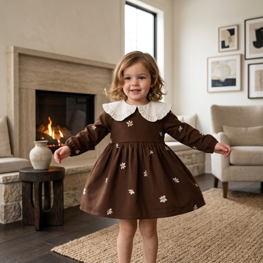 Lilo Embroidered Collar Princess Dress - Brown Daisy