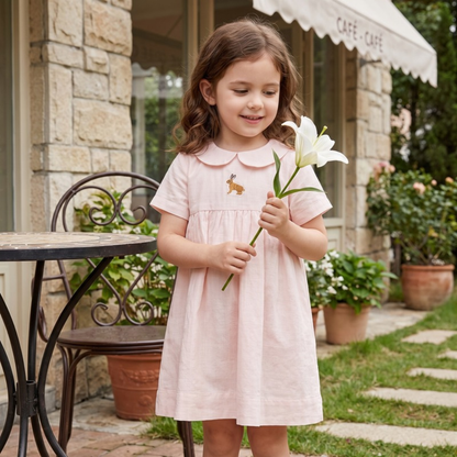 Lilo Meadow Girls Embroidered Dress - Pink Bunny