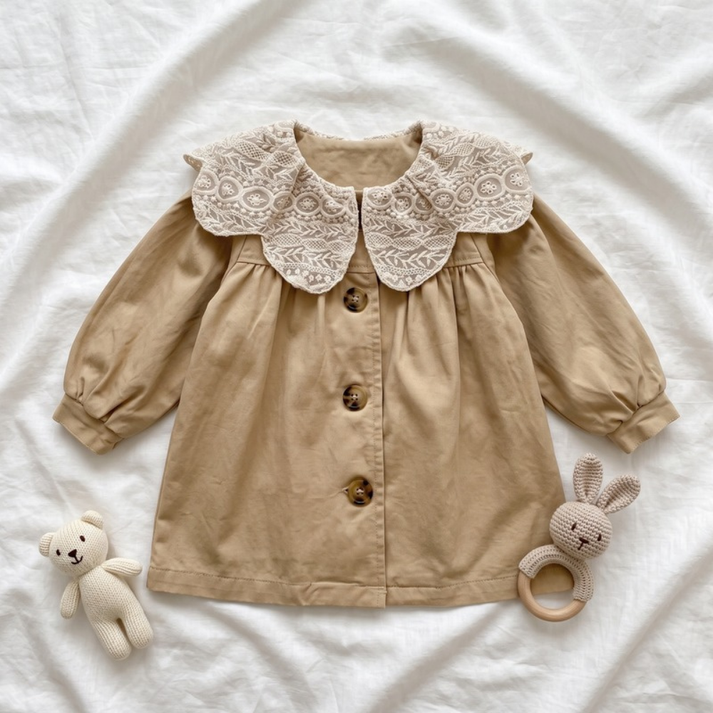 Lilo Lapel Mid Length Girls Trench Coat - Khaki