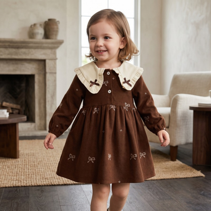 Lilo Embroidered Collar Princess Dress - Brown Bow