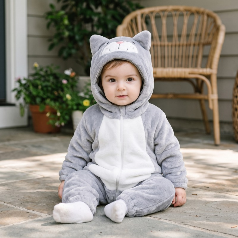 Lilo Cat Flannel Romper - Light Grey