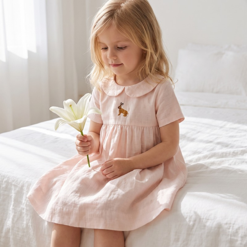 Lilo Meadow Girls Embroidered Dress - Pink Bunny