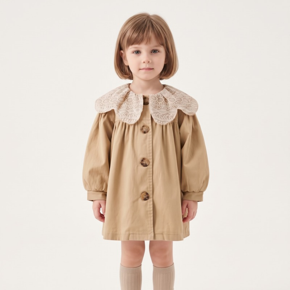 Lilo Lapel Mid Length Girls Trench Coat - Khaki